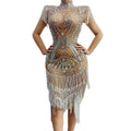 Tassel Rhinestones Club Evening Dress Latin Dance Stage Costume Sexy Luxury Women See Through Plus Size Party Prom Dress