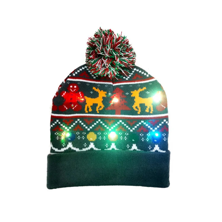 LED Handmade Christmas Knitted Hat with Flanging Ball and Light to Keep Warm Decorative Knitted Hat