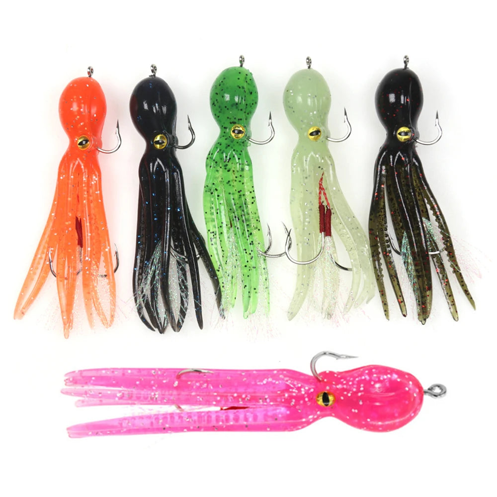 22g 11cm TPE Soft Octopus Skirt Bait Saltwater Fishing Metal Jig Head Plastic Lure with Double Assist Hook Flash Tinsel Luminous
