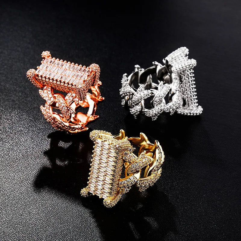 Hip Hop Men's T-shaped Rectangular Zirconia Hollow Jewelry Herringbone Men's Ring Personalized Creative Design Ring MegaBDM