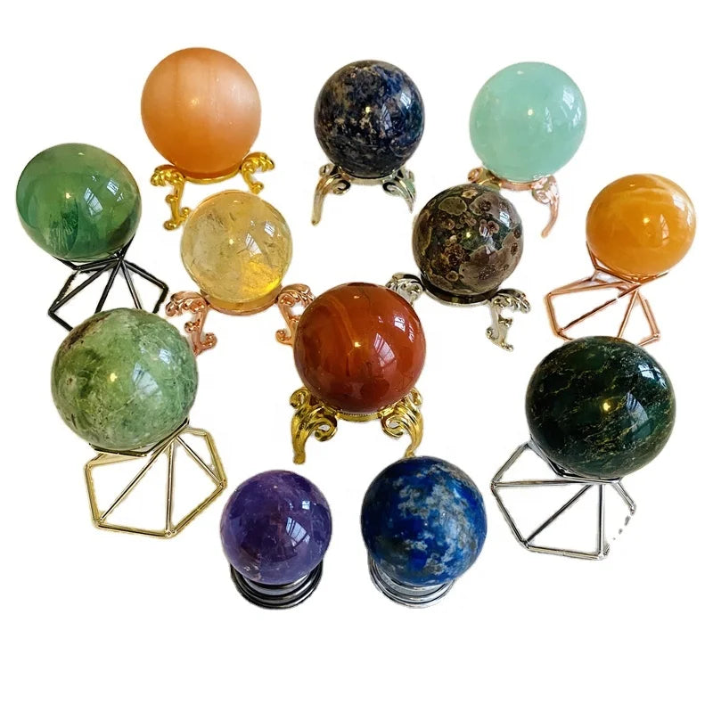 4-10cm Natural Round Crystal Ball Healing Orange Selenite Crystal Ball Emerald Citrine Holder Magic Crystal Sphere