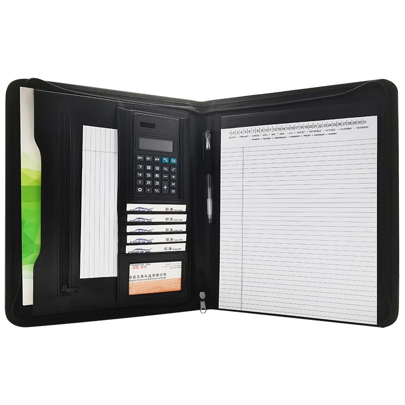 Custom Logo Zipper Portfolio with Calculator A4 Leather Padfolio Wallet Pattern Document Bag and File Holder