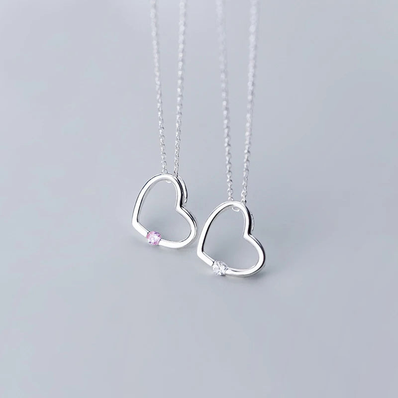 925 Sterling Silver Single Zircon Hollow Heart Pendant Necklaces for Women Fashion Jewelry MegaBDM