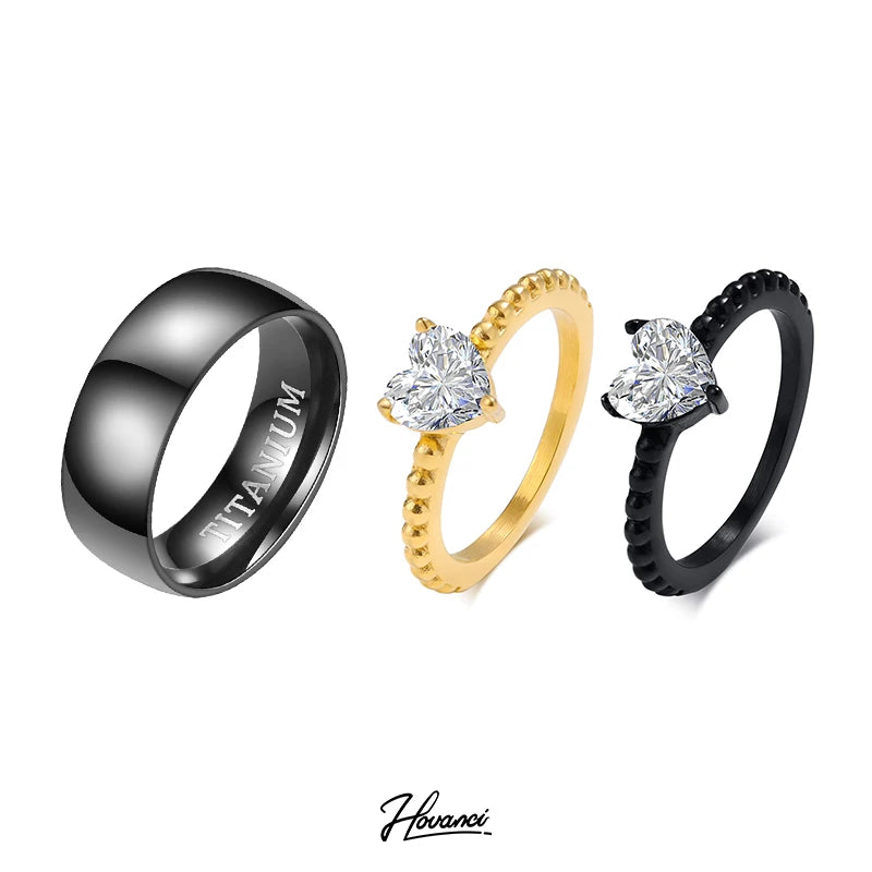 HOVANCI Custom Fashion Wedding Diamond Rings Stainless Steel Engagement Couple Ring Set
