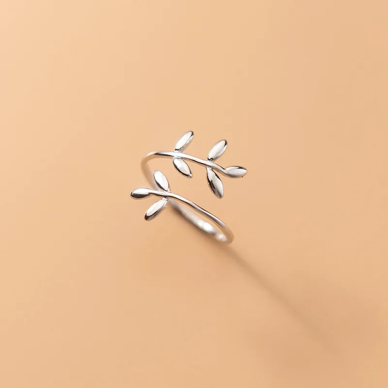 New Summer Fashion 925 Sterling Silver Glossy Leaf Open Ring Jewelry for Women