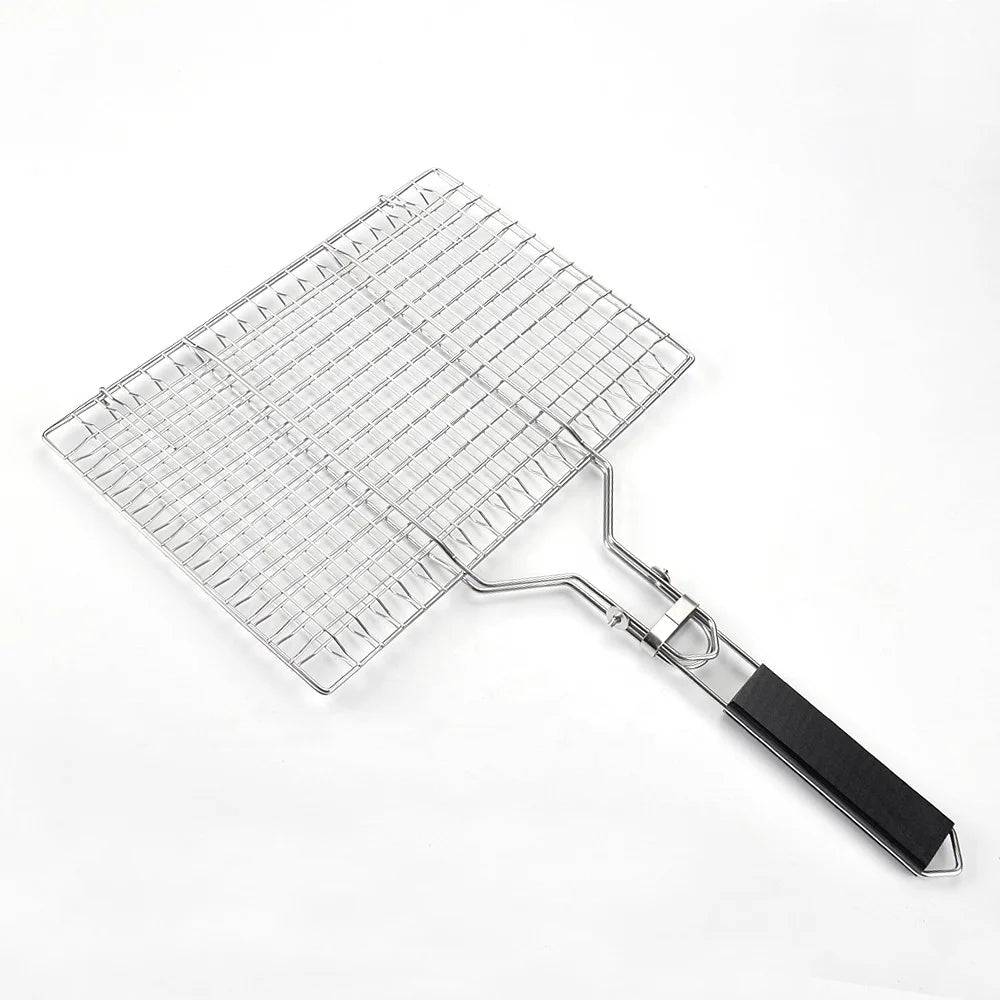 Hot Sale Portable 430 Stainless Steel BBQ Grilling Basket Removable Wood Handle Set for Charcoal Bags Stick for Home Use