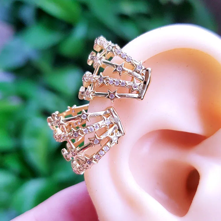EC1661 No Piercing Ear Cuffs Platinum Plated with Cubic Zirconia Gold Cubic Zircon Multiple Layers CZ Stars Ear Cuffs Earrings