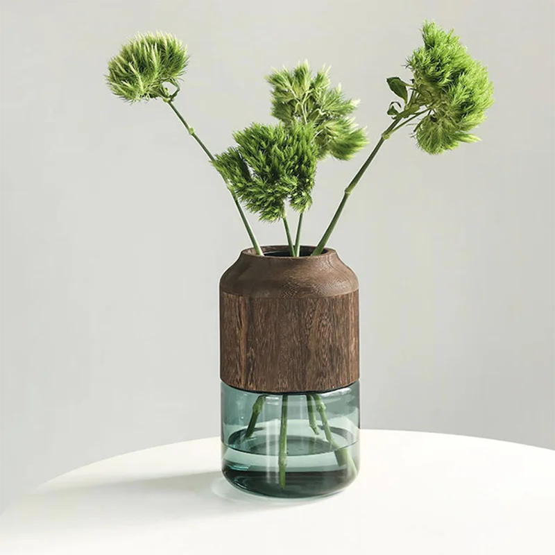 Drop Shipping Hot Selling Nordic Log Solid Wood Glass Vase Creative Home Hotel Model Room Desktop Decoration Glass Vase