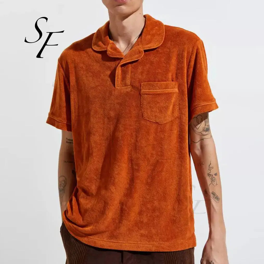 Custom Streetwear Casual Loose Fit Plain Blank Button up Front Pocket Classic Terry Towelling Cloth Men's Polo Shirts