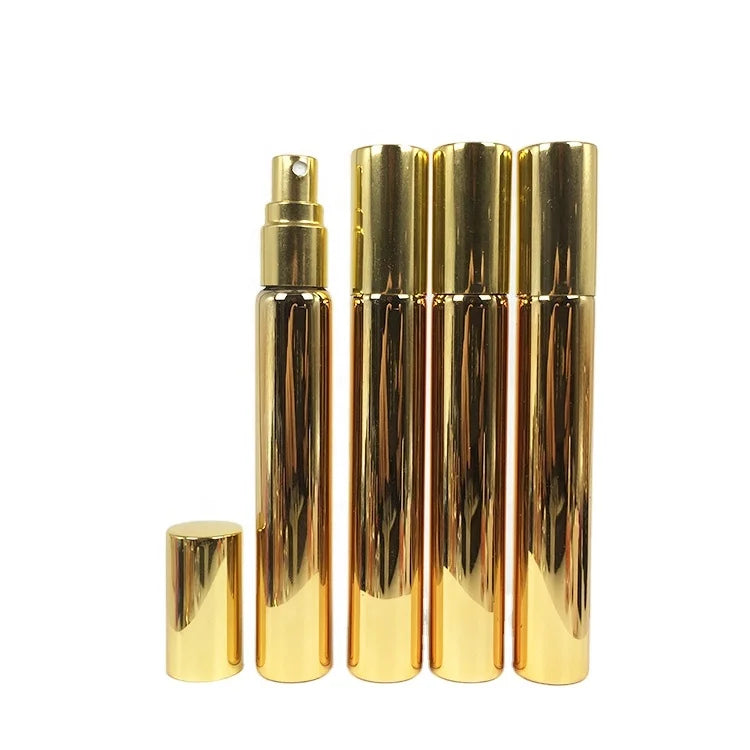 High Quality Empty Cylinder Shaped 15ml Shiny Gold Perfume Spray Bottle Press Parfum Glass Tube Fragrance Attar Bottles