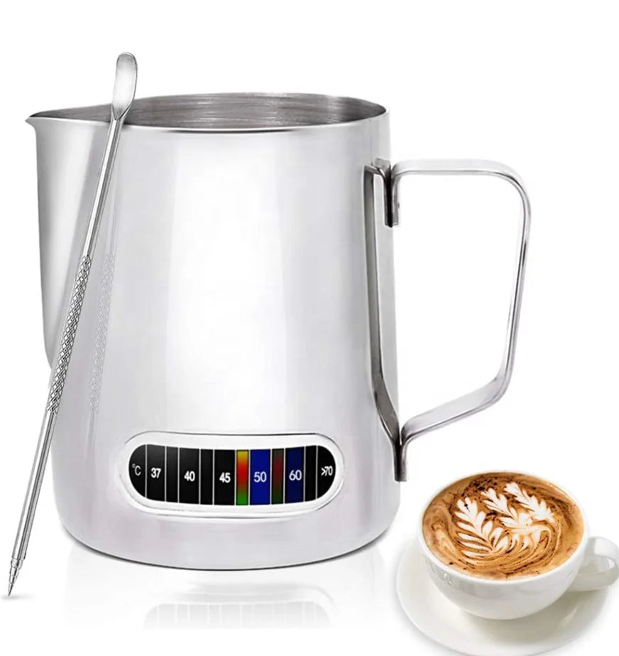 600ml Stainless Steel Coffee Pot Pull Flower Temperature Display Coffee Milk Frothing Pitcher / Jug with Thermometer