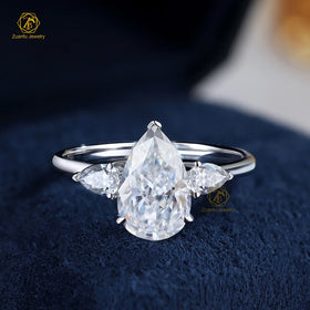 18K White Solid Gold Moissanite Gemstone Wedding Ring Engagement RingD VVS 7x11mm and 3*5mm Pear Shape Moissanite Ring