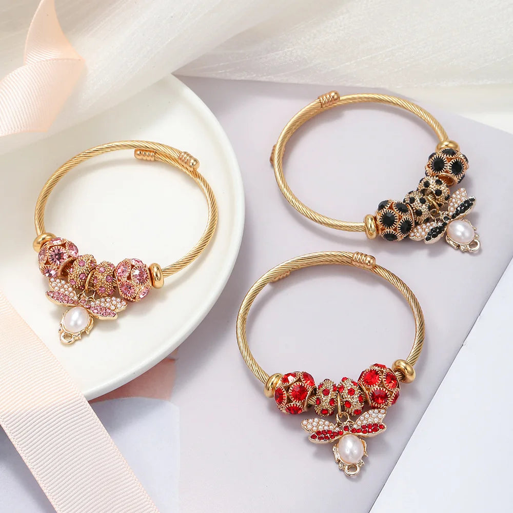 Wholesale Girls Jewelry Bracelet Stainless Steel Bangle Crystal Charm Beads Bracelet for Girl New Style Alloy Gifts