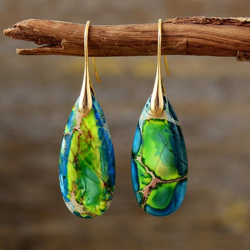 Wholesale Bulk Designer Boho Trendy Imperial Jasper Stone Teardrop Earrings Spiritual Gold Plated Fashion Drop Jewelry