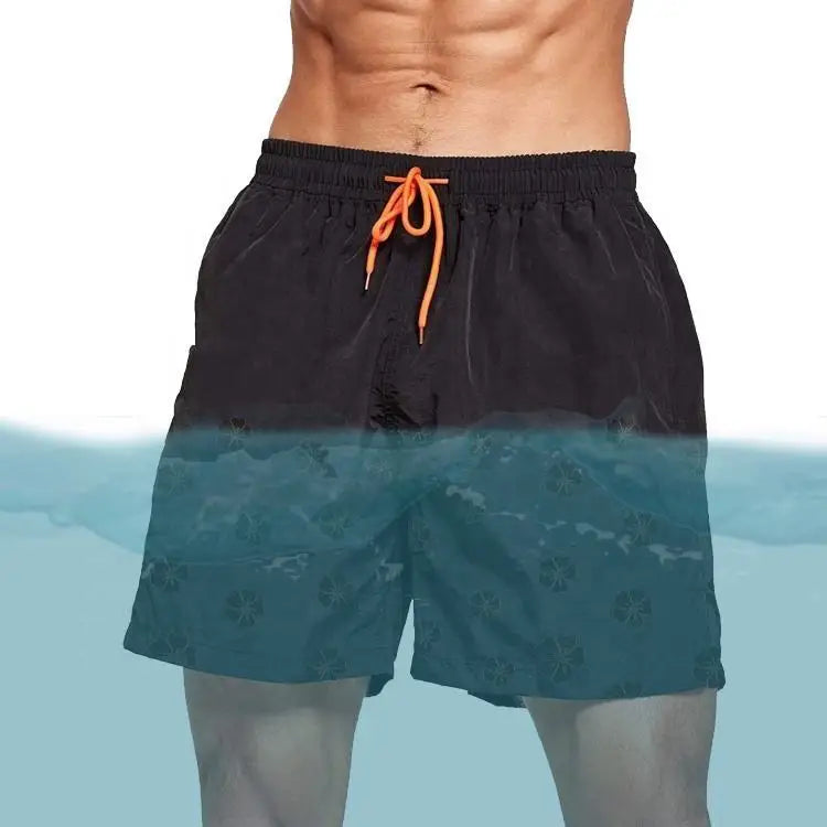Men's Casual Elastic Waist Shorts Custom Beach Digital Printing Quick Dry Board Shorts Water Reactive Display Solid Swim Trunks
