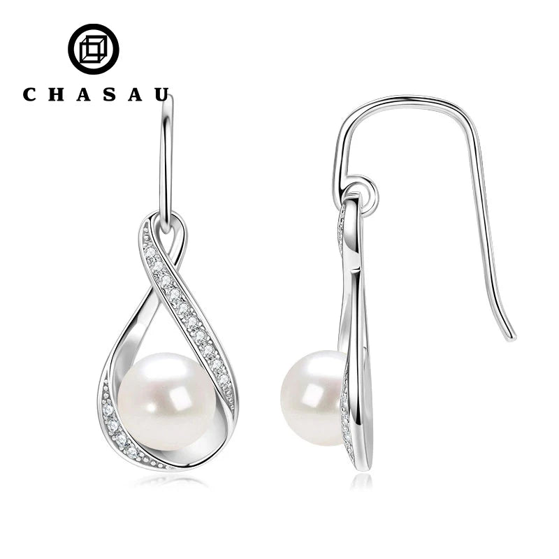 GRA Moissanite 14K Gold Filled Simple 8mm Natural Freshwater Pearl Bread-shaped Infinity Dangle Hook Earrings for Women