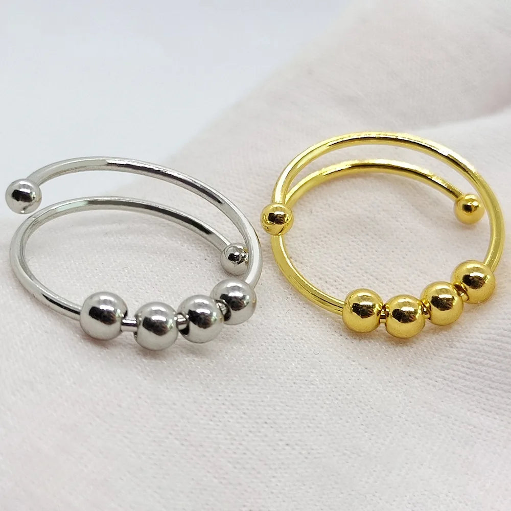 Stainless Steel Jewelry Fidget Rings Frosted Gold-Plated Spin Ball Spinner Open Adjustable Anxiety Ring for Woman