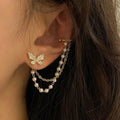 New Minimalist Chain Female Pearl Super fairy butterfly Ear Clip Women Asymmetrical Crystal Rhinestone Pearl Sleeve Earrings