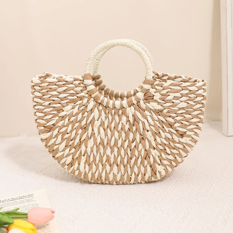 Half-round Straw Braid Vintage Design Beach Holiday Large Capacity Storage Handbag