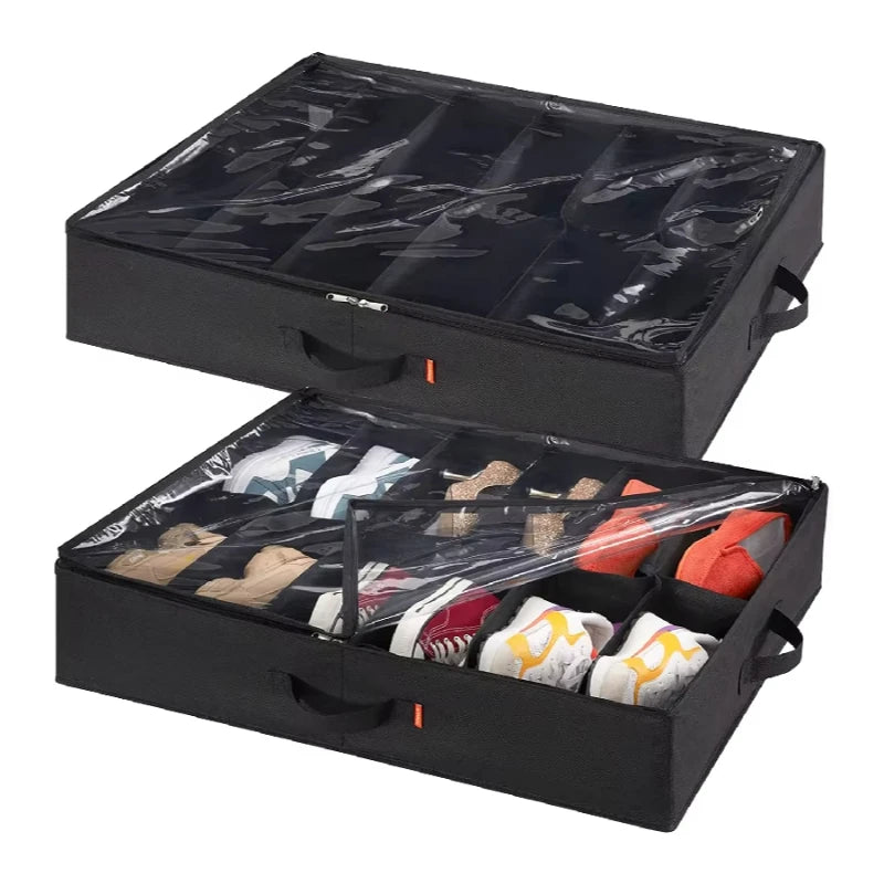 Black Under Bed Shoe Organizer with See-Through Window 24-Pair Capacity Shoe Box Storage Bag with 2 Handles