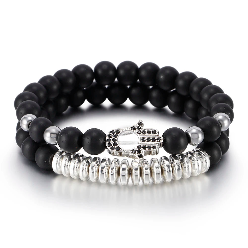 Men's Charm Bracelets Cross & Palm Set Crystal Rhinestone Micro-Inlaid Zircon Elastic Beaded Bracelet Gift for Anniversary