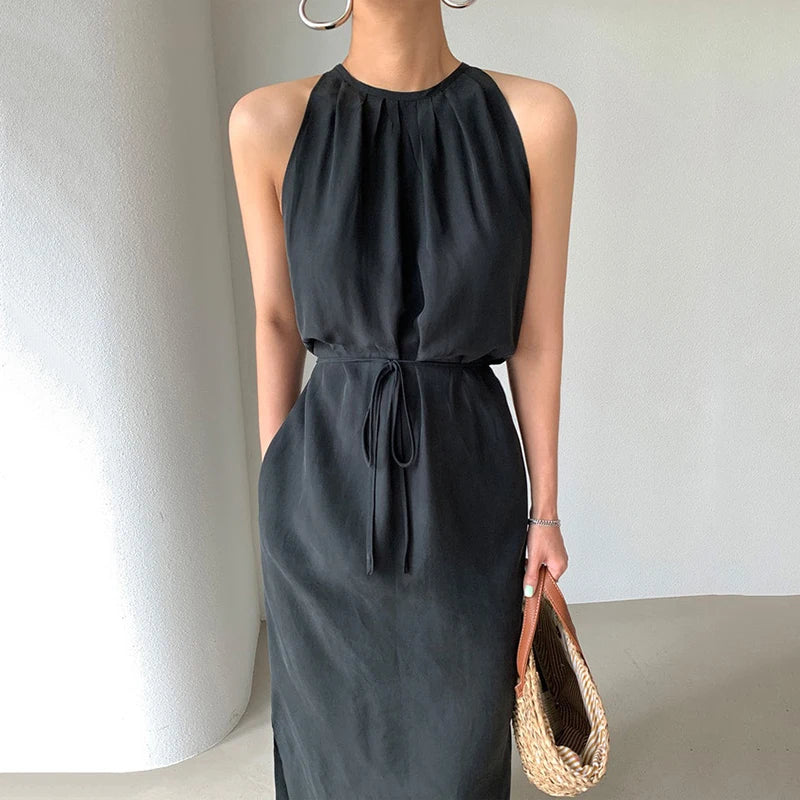 Wholesale 2026 Korean Chic Summer Simple Halter Neck Pleated Off-shoulder Careful Machine Lace Waist Slit Dress