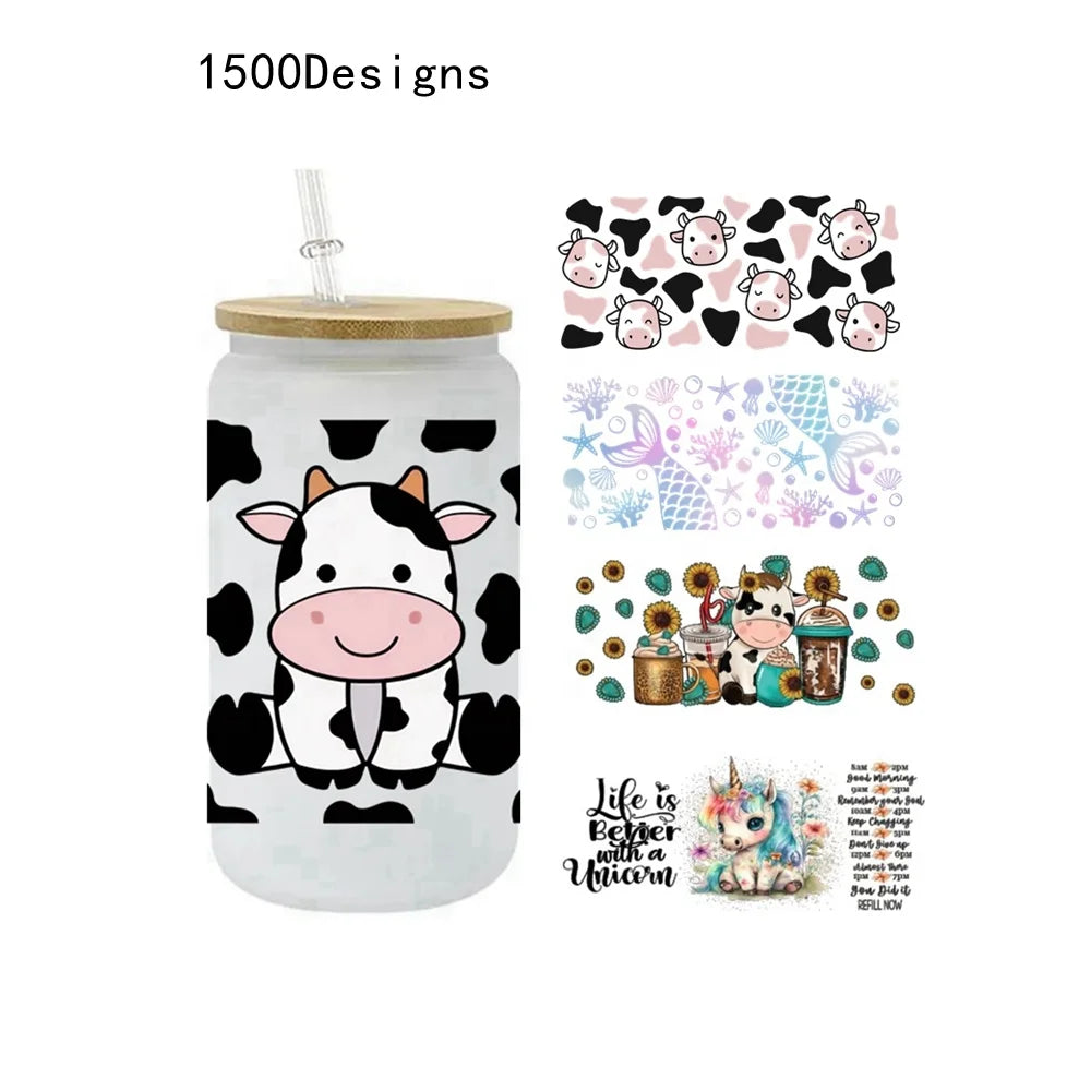 Wholesale Cute Animal Cow 3D UV Dtf Cup Wrap Stickers  Cartoon Unicorn 3D UV Dtf Cup Wraps for 16OZ Cup Tumbler Use