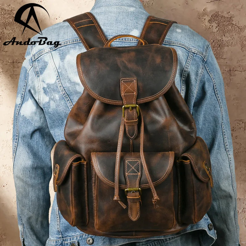 Andong New Retro Backpack Men Women Top Layer Cowhide Old Fashion Style Crazy Horse Leather Shoulder Bag Unisex Sport Backpacks