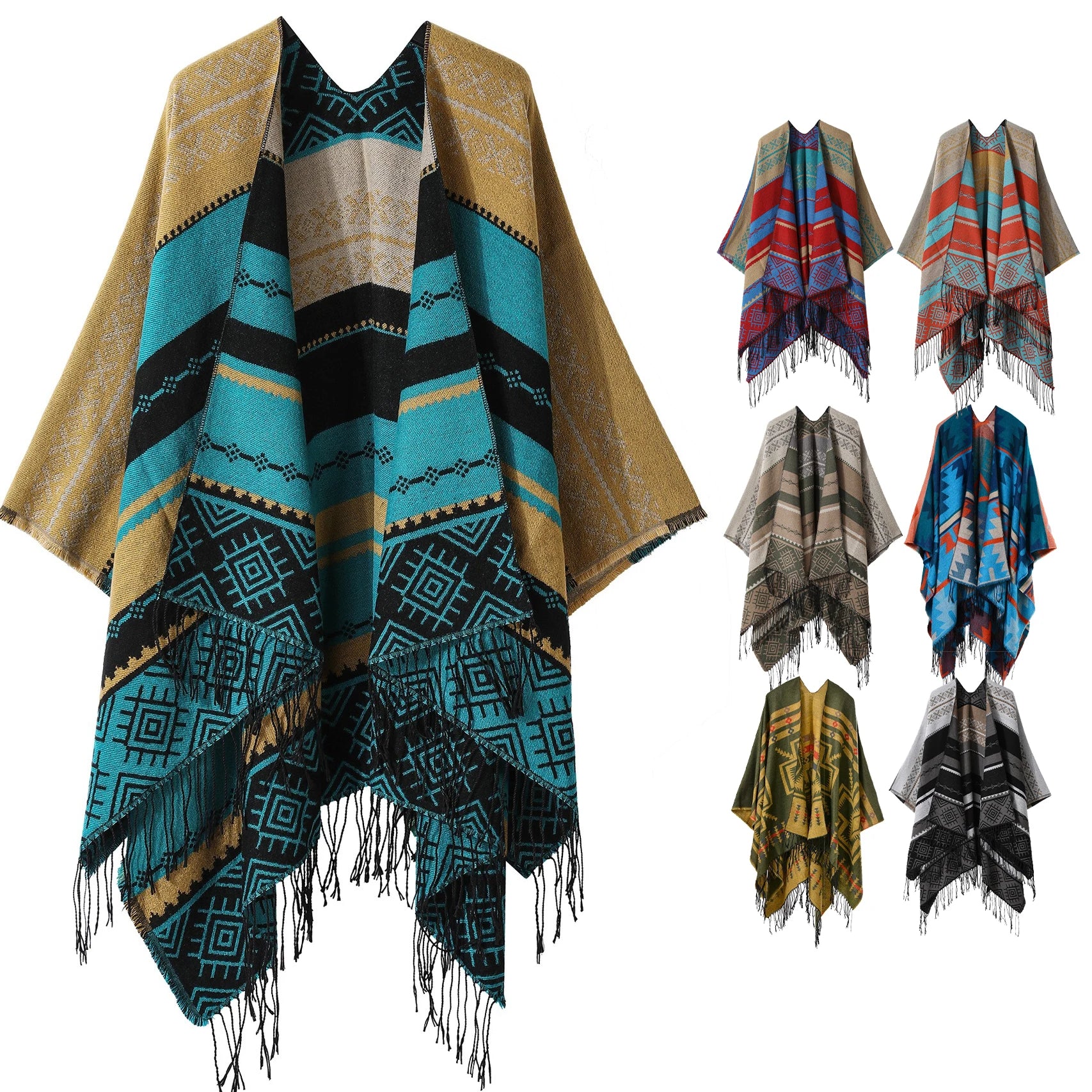 Bohemian Geometric Tassel Slit Shawl Cloak Travel Thickened Scarf Double-sided Faux Cashmere Scarf Shawl