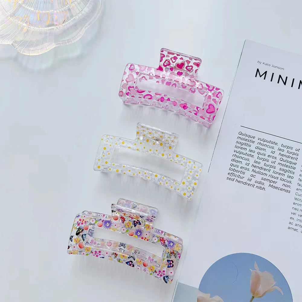 New Flower Print Women Plastic Hair Claws Simple Fashion 8.5cm Shark Clip Hair Claw Clip for Hair Accessories