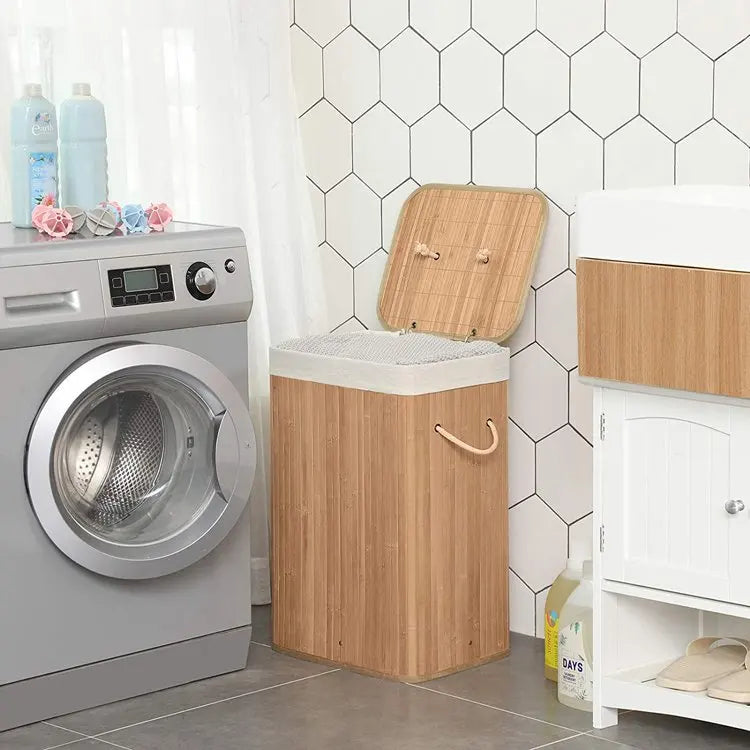 Practical Folding Bamboo Laundry Hamper Baskets Natural Design with Corner Shape Lid Liner Collapsible Natural Basket