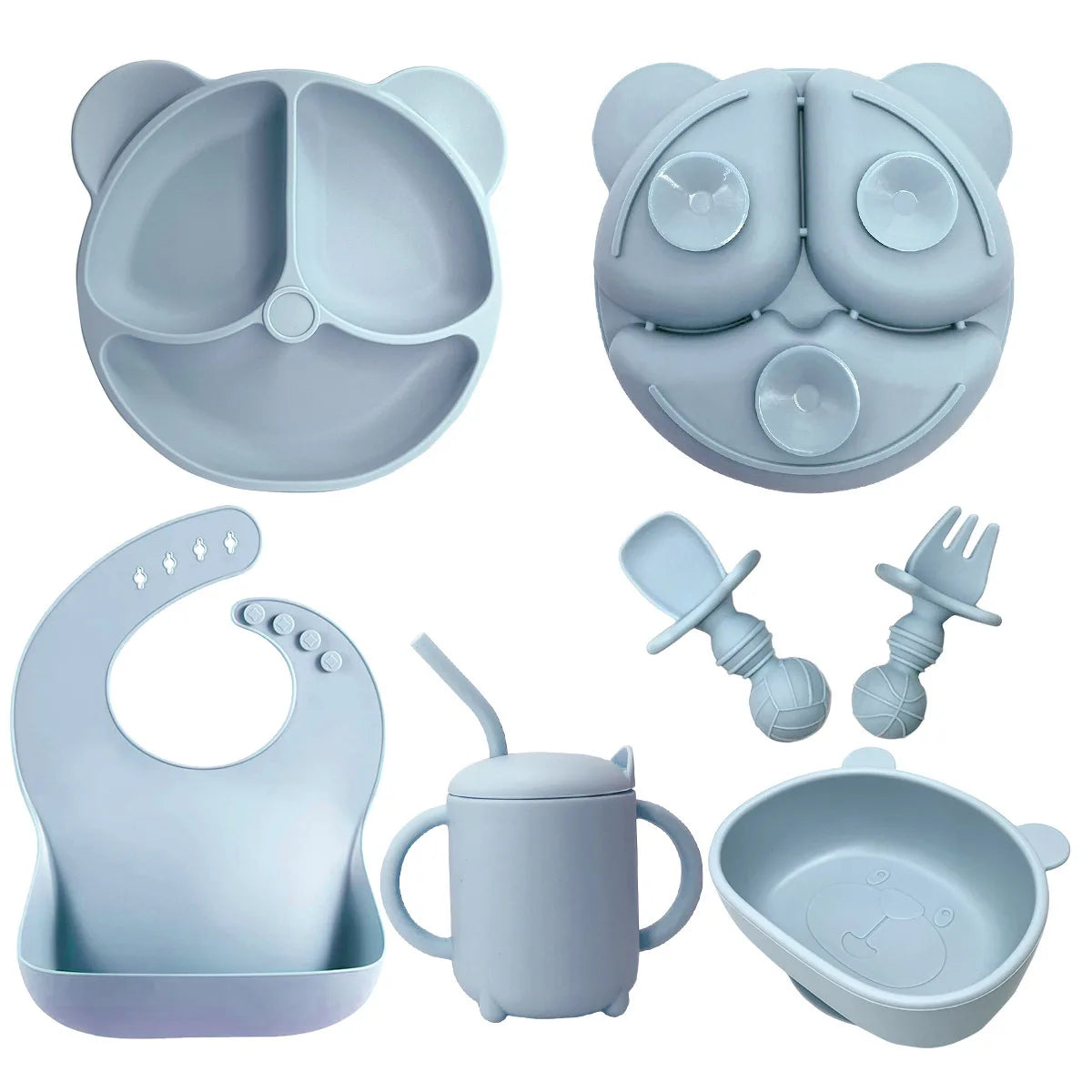 Silicone Baby Feeding Utensils Set Includes Bibs Plate Spoon Fork Bowl Water & Snack Cup for Kids Dining