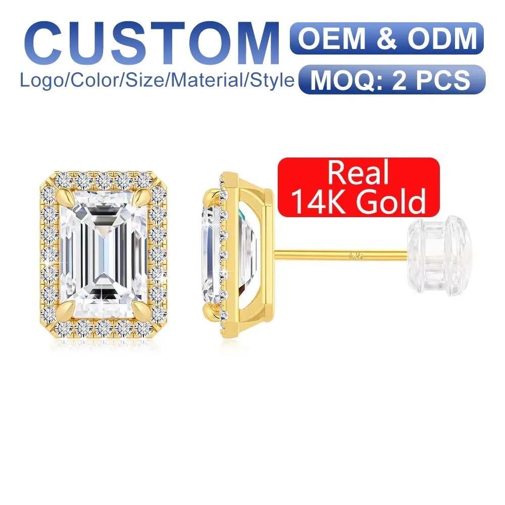 Woman Luxury Halo Jewelry Style Engagement Mother's Day Gift Hollow 14K Gold 1 Carat Emerald Cut Moissanite Stud Earrings