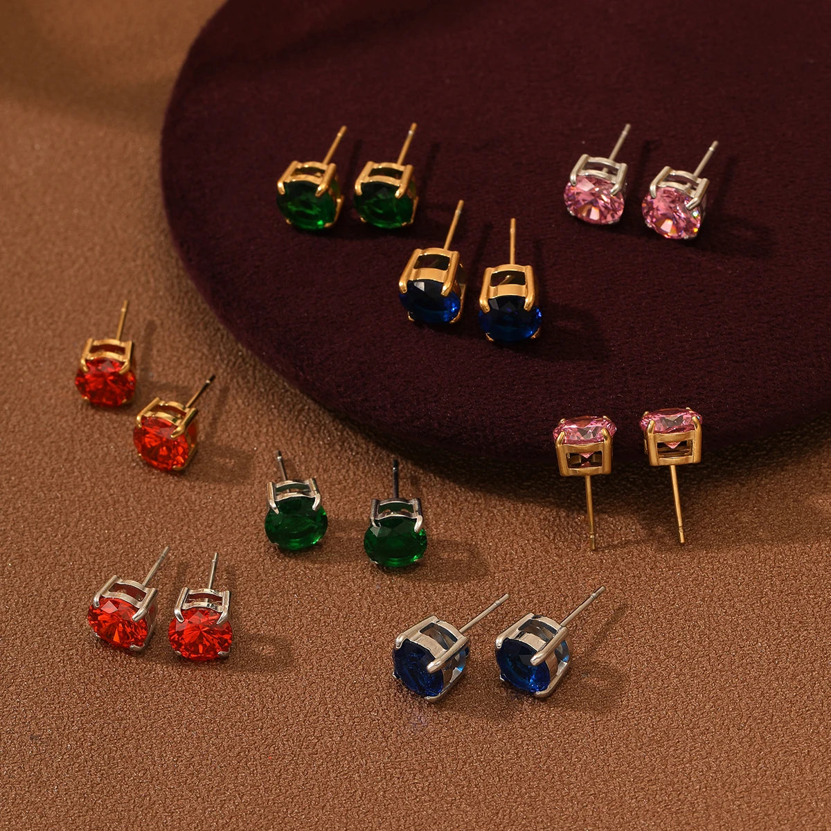 Fashion Stainless Steel Jewelry Women Wholesale 18k PVD Cubic Zirconia Colorful Stud Earrings Party Waterproof Earrings