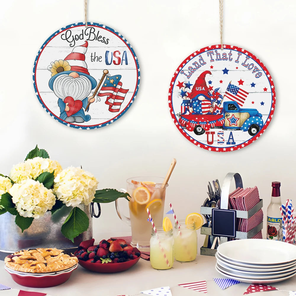 Patriotic National Flags Wooden Plaque Wall Sign 4 Sizes Gnome for Door Home Wreath Decor