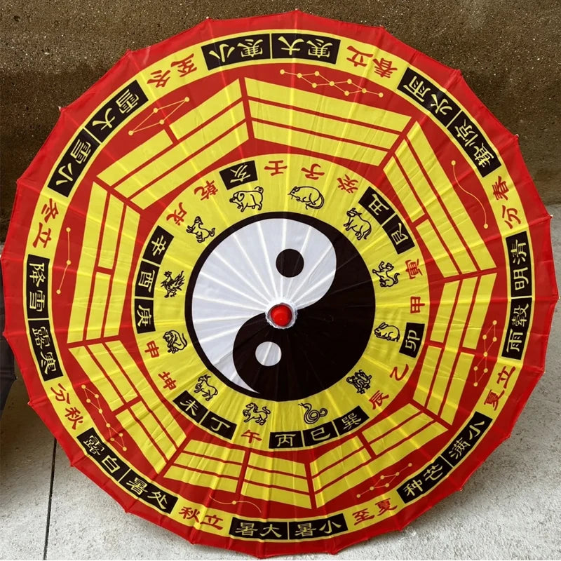Chinese Manufacture Traditional Culture Bamboo Wooden Handmade Bagua Printing Straight Stick Umbrella Manual for Decorative