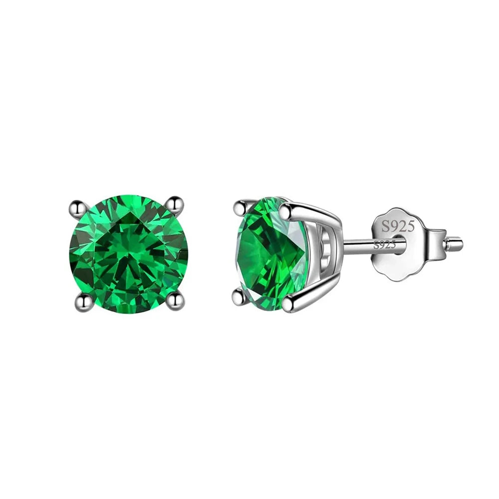Women 925 Sterling Jewelry Single Stone 4 Prong Round Cut 6mm Cubic Zircon Emerald Green Small Stud Earrings for Girls