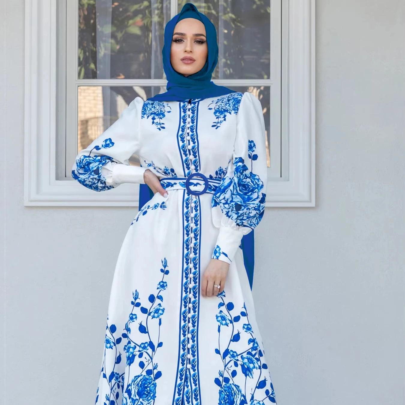 Ramadan Eid V Neck Long Sleeve Modest Maxi Dress Turkey Arabic Muslim Jalabiya for Dubai Women