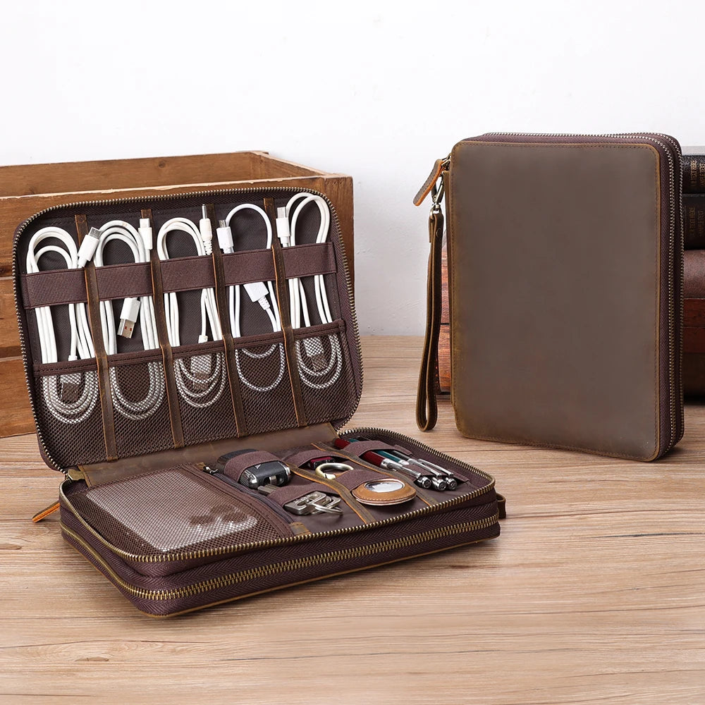 New Design Genuine Leather Organizers Custom Stock Pattern Full Grain Crazy Horse Leather Storage Bag Digital Product Bag