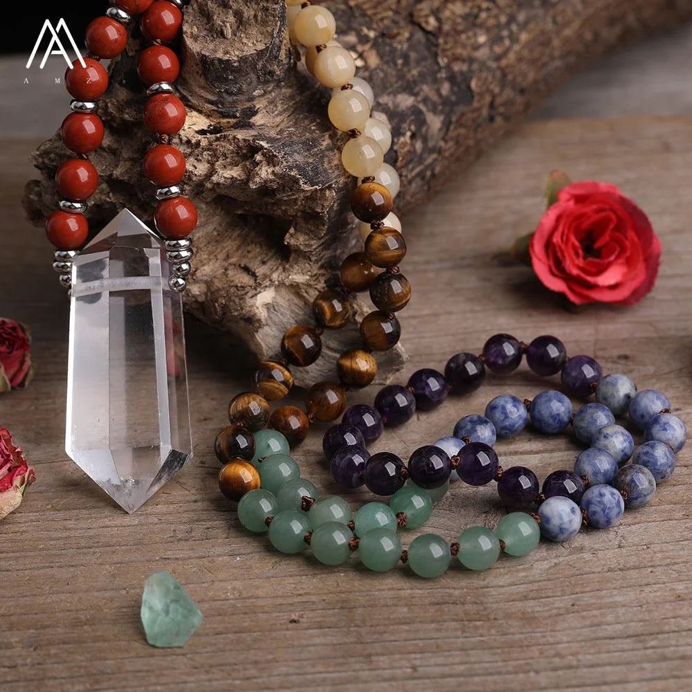 Chakra Necklaces Healing Crystal Jewelry Long Knotted Mala Necklace Meditation Energy Yoga Unisex Gifts