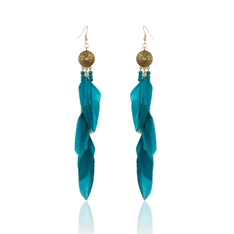 Fashion Bohemia Environmental Silver Feather Vintage Drop Earrings Zinc Alloy Antique Copper Plated Boho Jewelry for Women