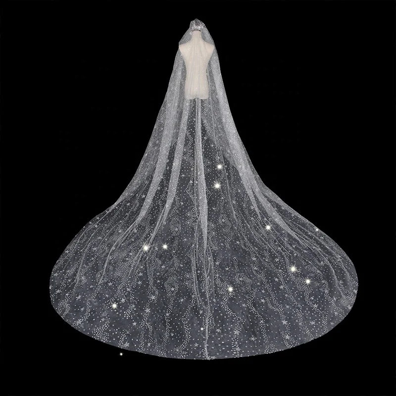 Light Luxury Embroidered Bridal Long Lace Sequin Veil with Shiny Tail for Wedding Party