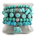 Bohemia Jewelry Crystal Natural Gemstone Bead Bracelet Silver Turquoise Stone 5pc Elastic Stack Stretch Bracelets Bangle Set