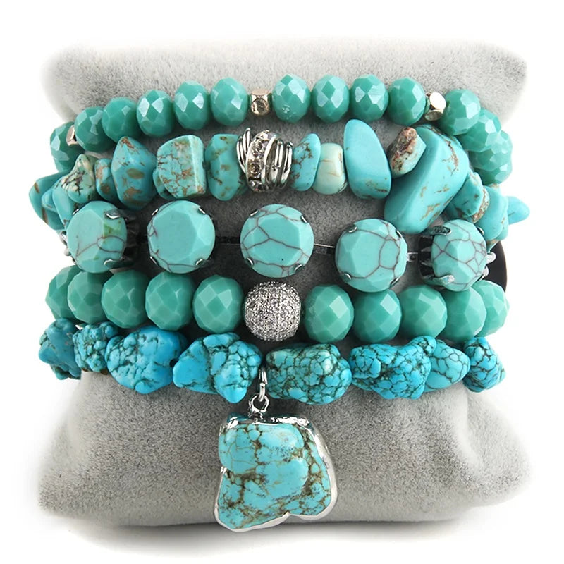 Bohemia Jewelry Crystal Natural Gemstone Bead Bracelet Silver Turquoise Stone 5pc Elastic Stack Stretch Bracelets Bangle Set