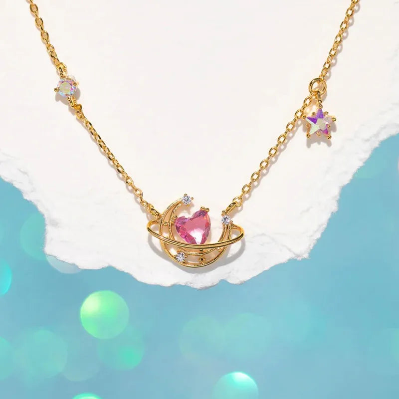 New Love Heart Moon Star Necklace 18K Gold Plated Clavicle Chain Niche Necklace High Grade Zircon Brass Necklace for Women