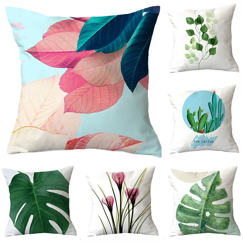 Low MOQ Home Decor Floral & Leaf Patterned Polyester Cushion Cover Pillow Case for Sofa & Tropical Home Decor