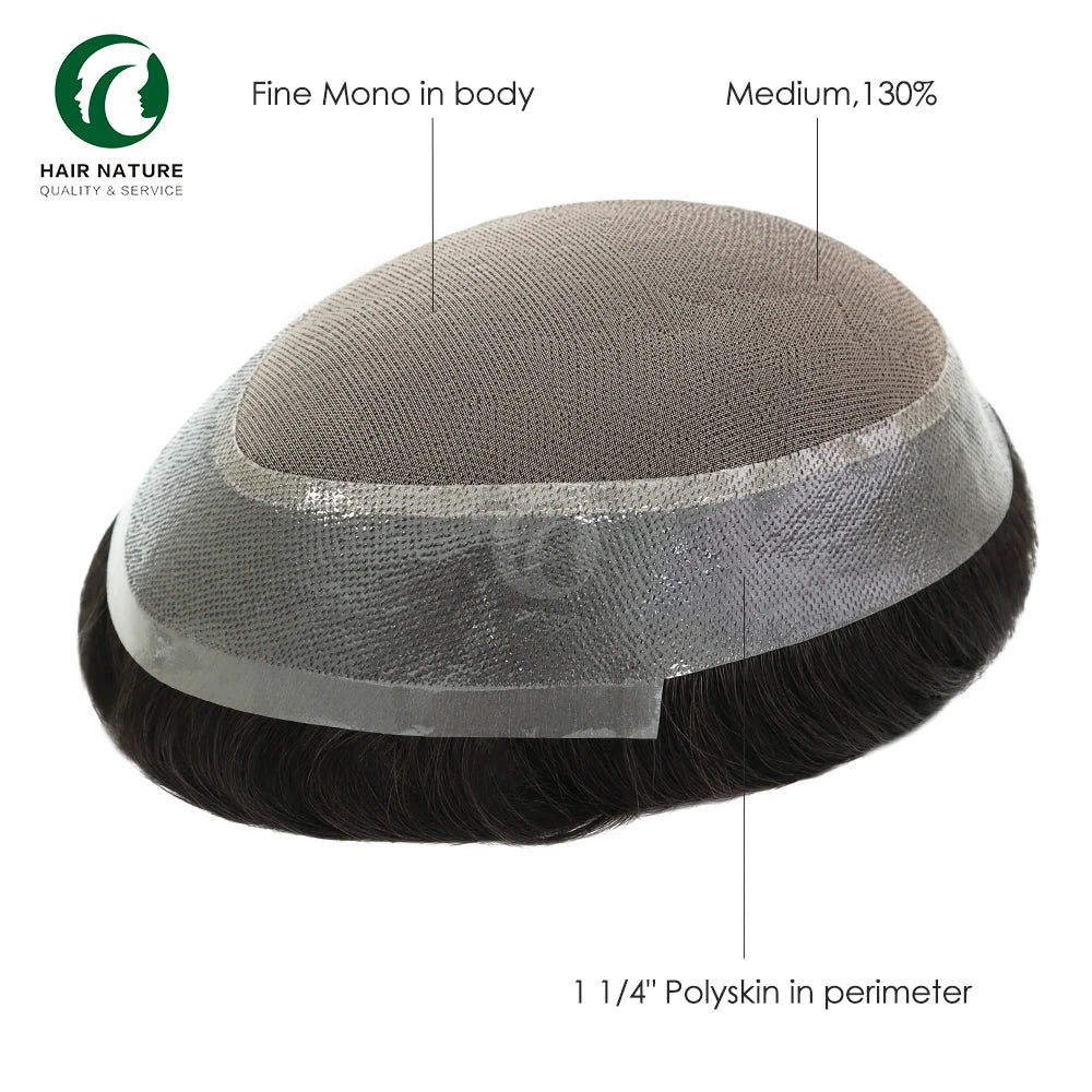 Mono PU Men's Capillary Prothesis Man Hair Toupee Wigs 100% Human Hair Toupee Durable Mono Polyskin Men Toupee