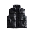 2022 Stylish Winter Women Waterproof Black Pu Material Sleeveless Suit Vest Jacket with Fur Trim Canvas Fabric Zipper Closure