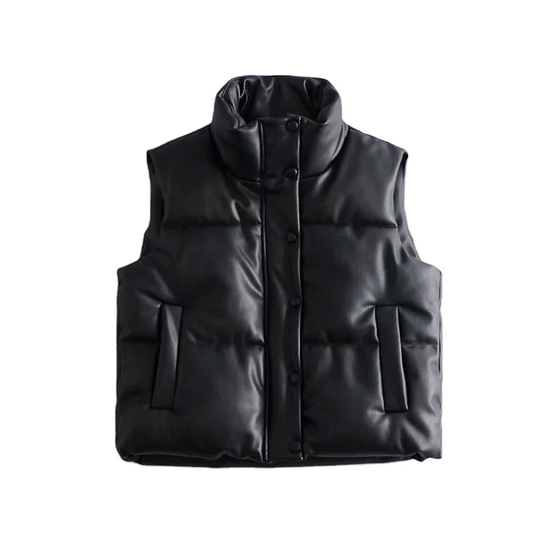 2022 Stylish Winter Women Waterproof Black Pu Material Sleeveless Suit Vest Jacket with Fur Trim Canvas Fabric Zipper Closure