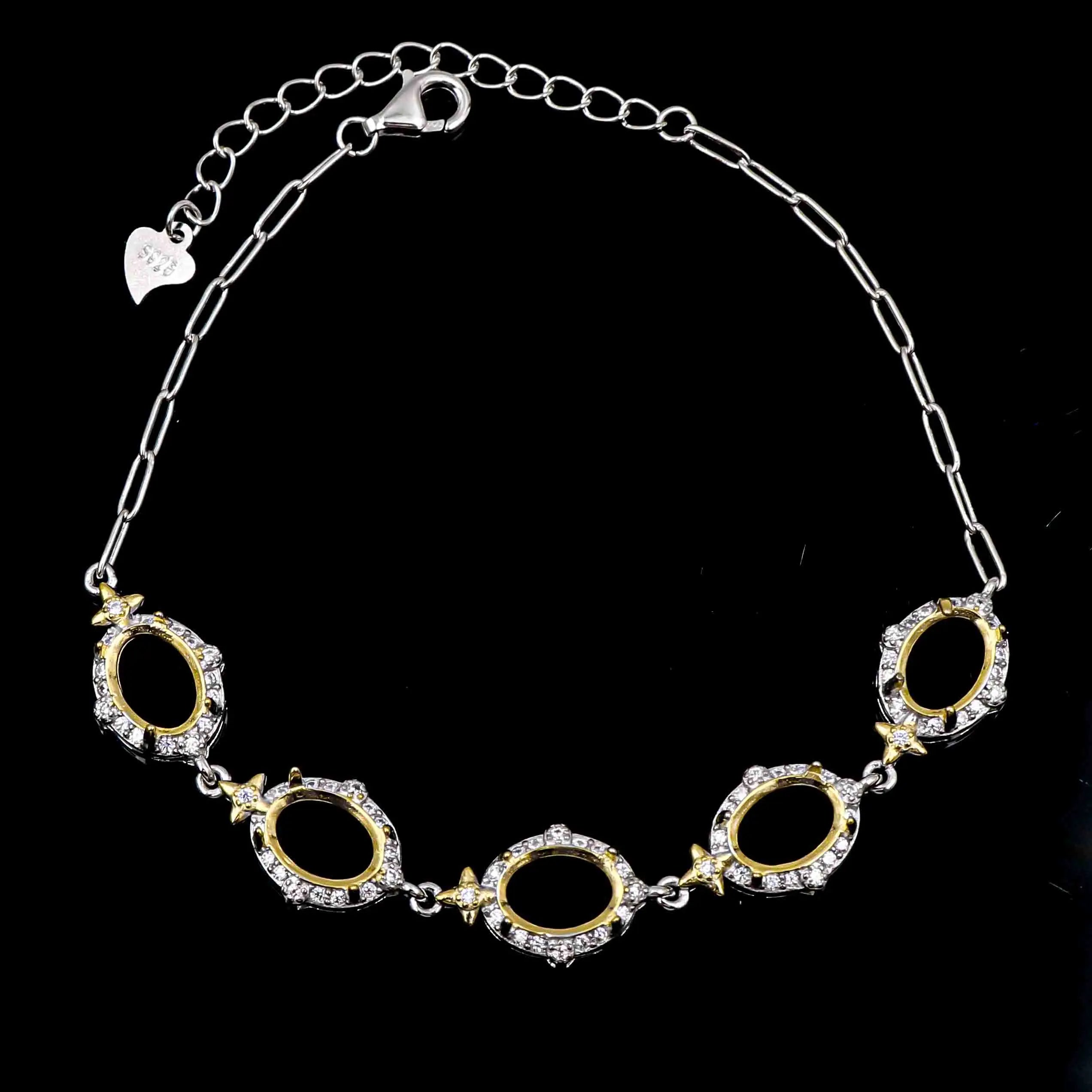 Sterling Silver 6*8mm Semi Mount Bracelet Empty Support Blank Claws Setting S925 Base Holder Without Center Stone Inlay for DIY